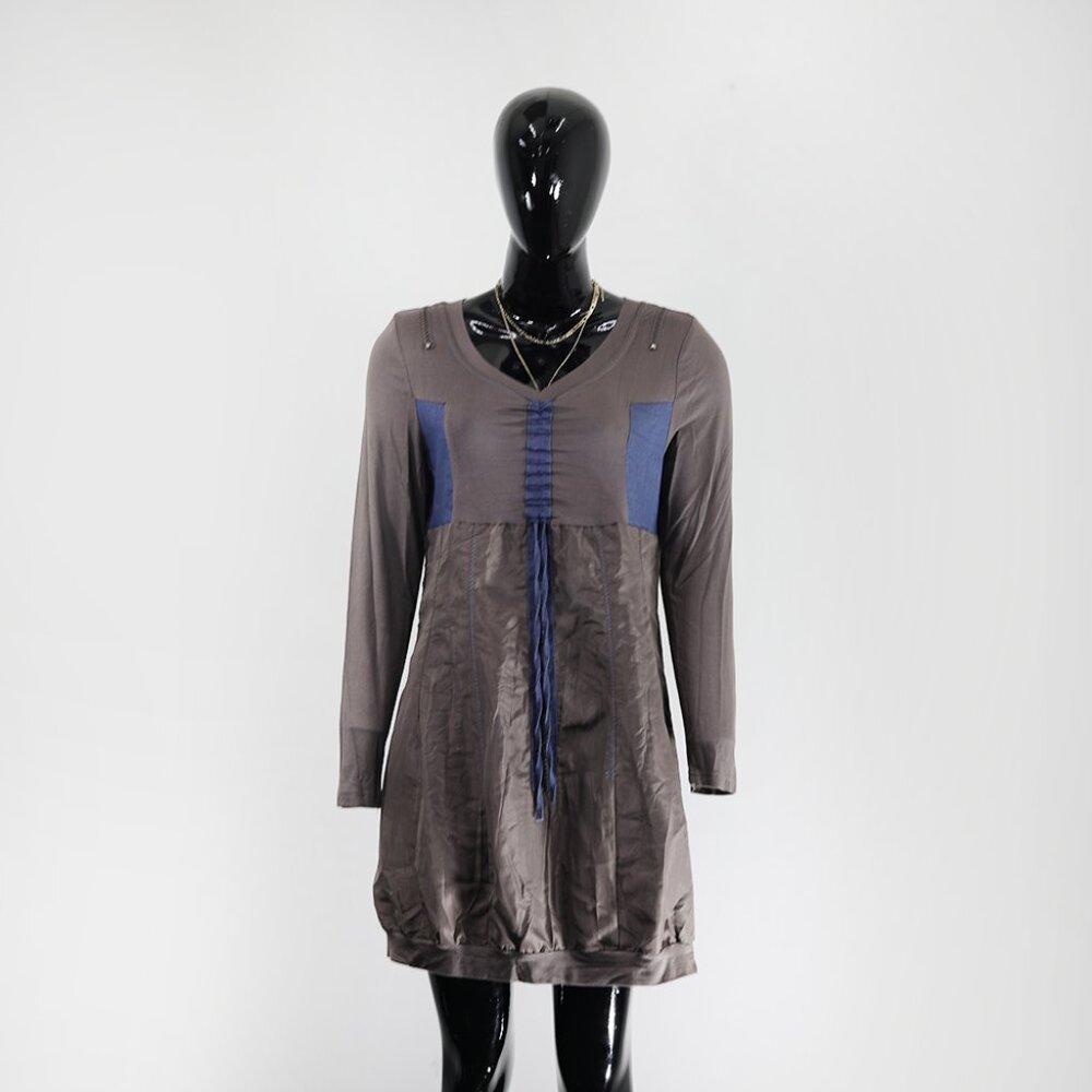 Contemporary Taupe & Blue Contrast Panel Tunic Dress